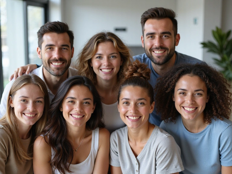Happy, diverse individuals smiling in a clean, professional setting, radiating health and confidence